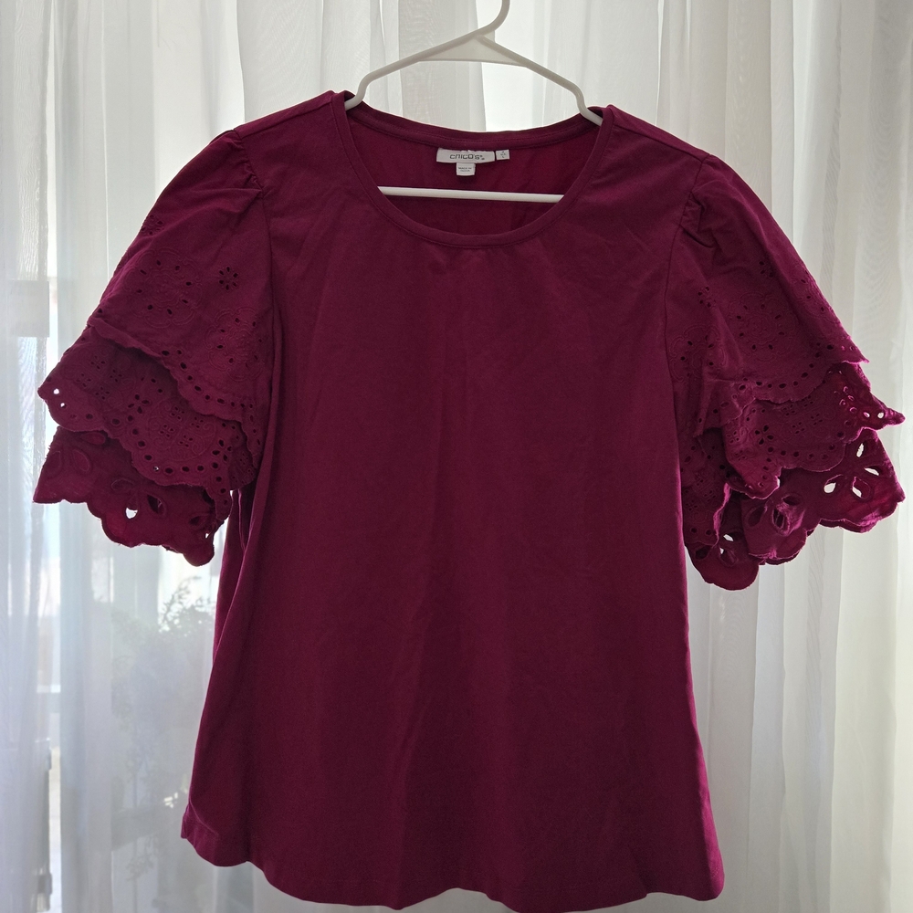 Chico's Eyelet Ruffle Sleeve Tee in Berry Plum